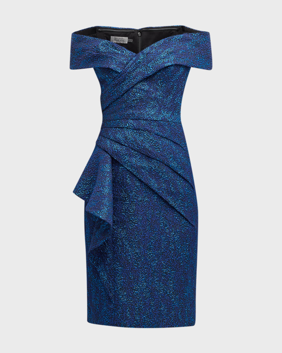 Off-Shoulder Pleated Jacquard Midi Dress